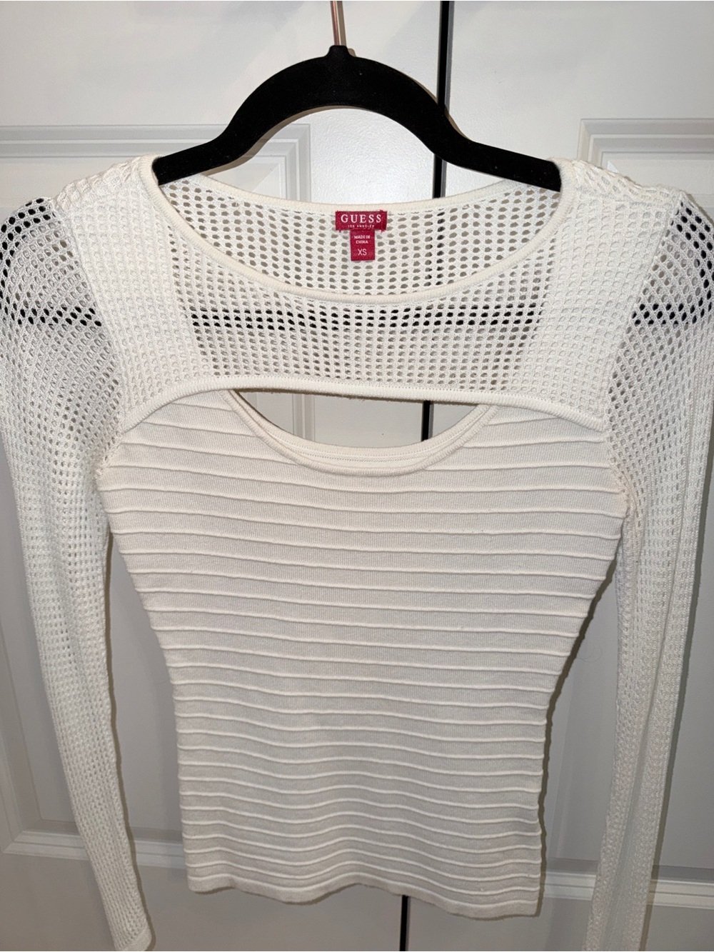 GUESS Cream Long Sleeve Ribbed Top with Mesh Yoke